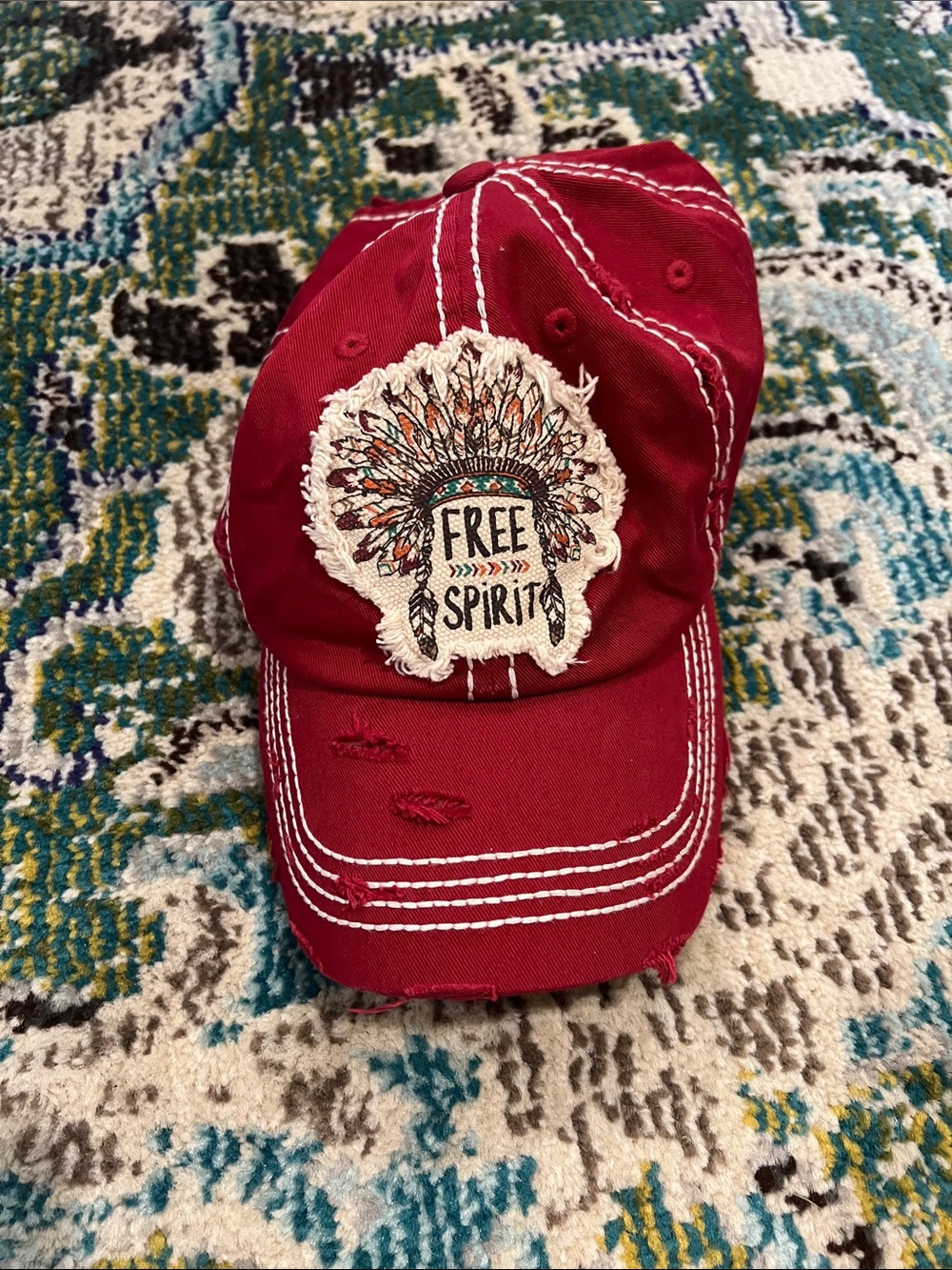 KBETHOS Red 'Free Spirit' Embroidered Distressed Baseball Cap
